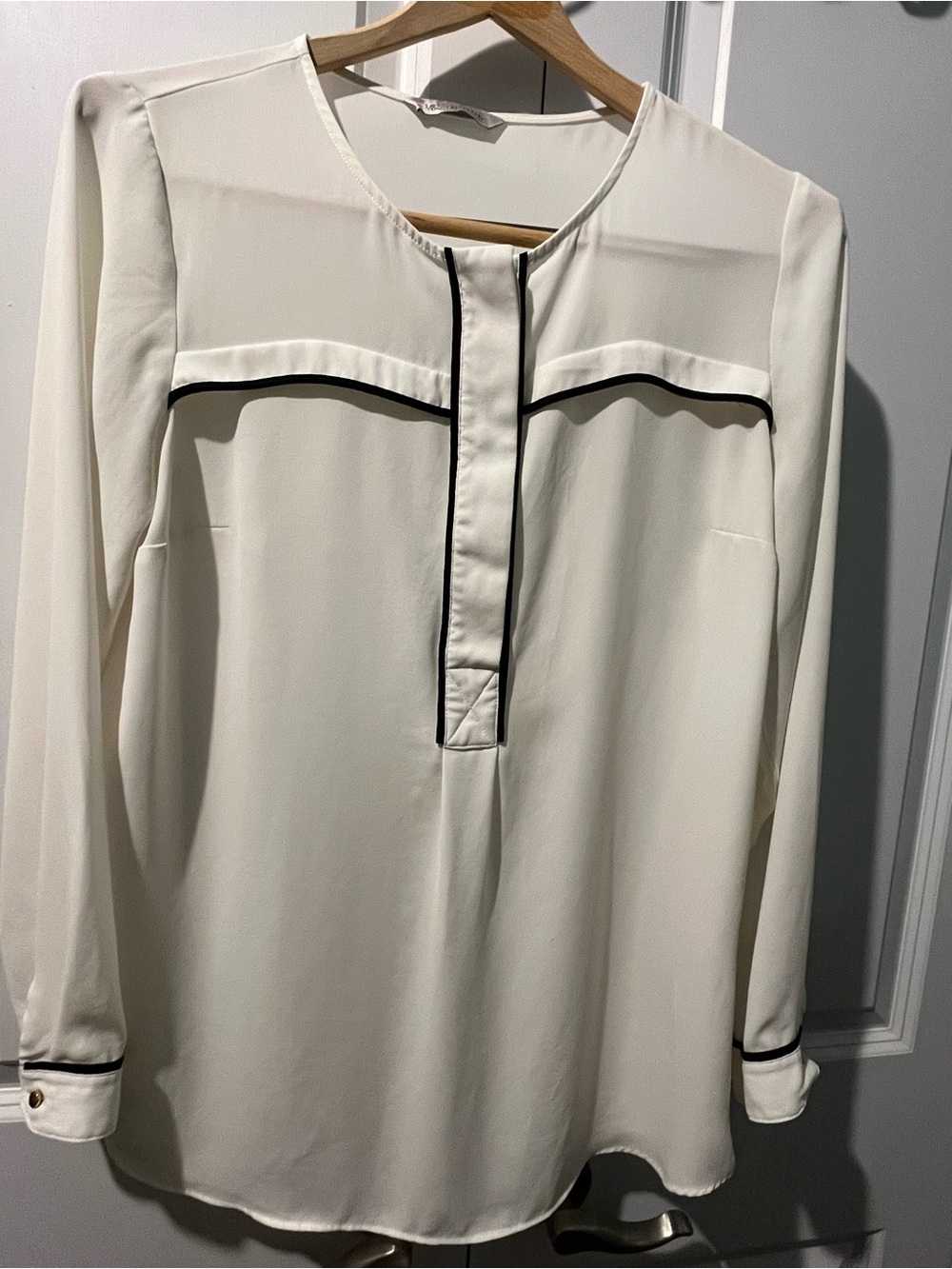 Softly Draping Hidden Button Placket Blouse with Gold Cuff Buttons 12